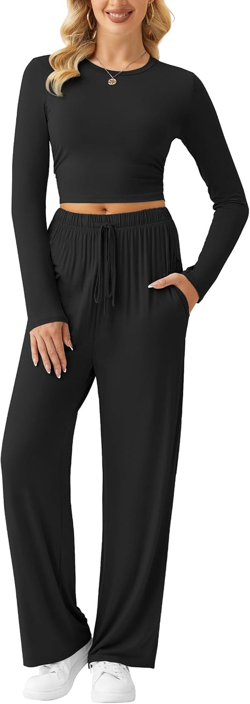 Women'S Lounge Sets 2 Piece Ruched Long Sleeve Tops and High Waisted Wide Leg Pants Tracksuit Sets