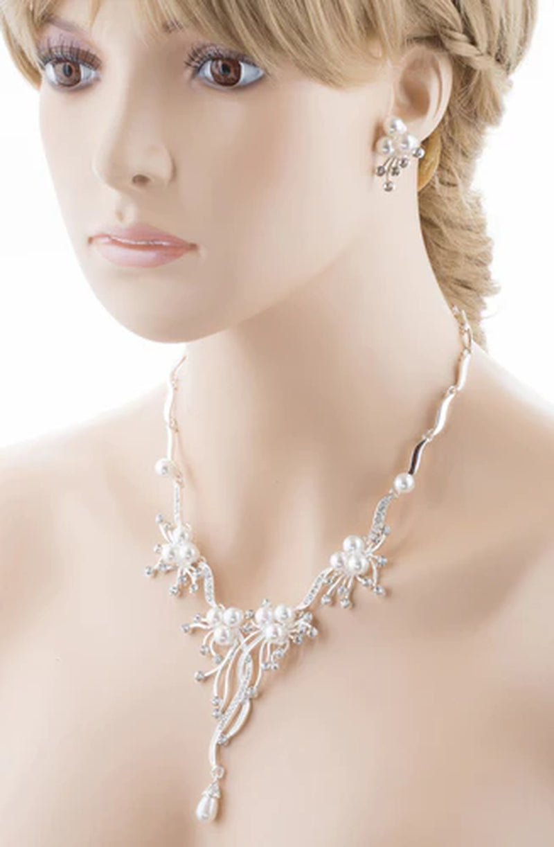 Collection of Enchanting Silver-Plated Floral Pearl Necklace & Earring Set – Perfect for Weddings in a gallery layout