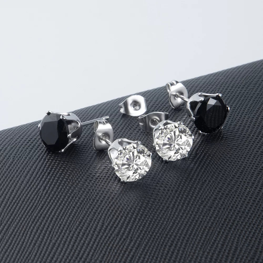 12-Pair Surgical Steel Cubic Zirconia Stud Earrings Set - Hypoallergenic Black & White Studs (3mm-8mm)