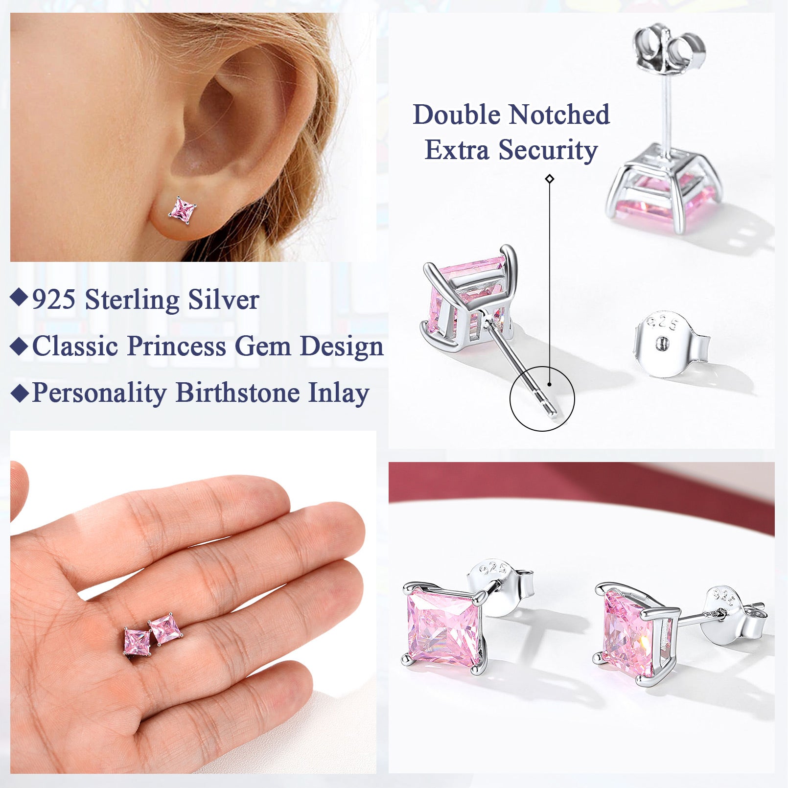 Collection of 925 Sterling Silver Pink Tourmaline Stud Earrings - October Birthstone Bling for Women in a gallery layout