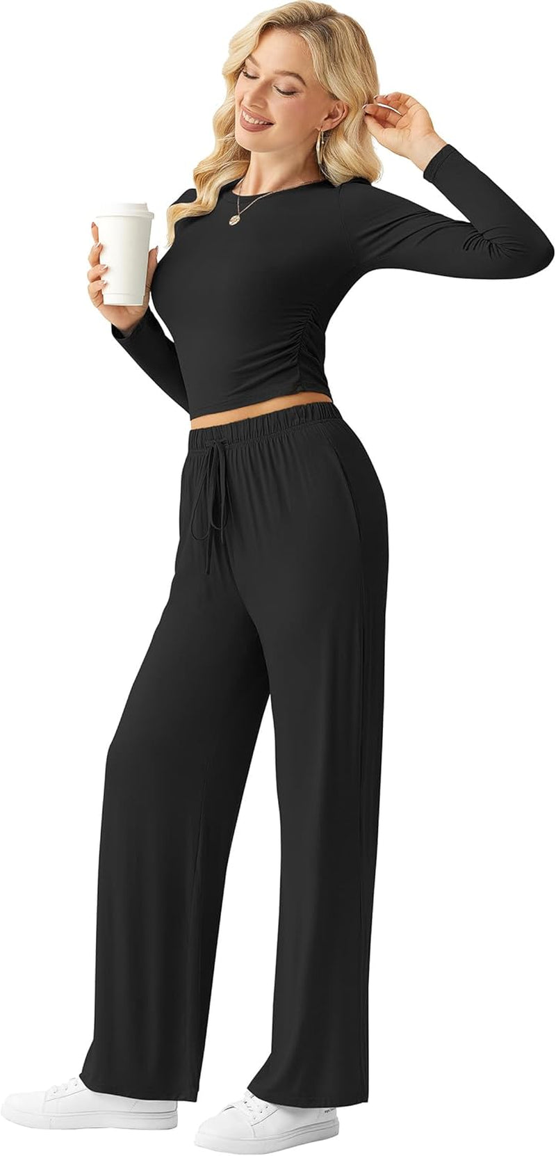 Collection of Women'S Lounge Sets 2 Piece Ruched Long Sleeve Tops and High Waisted Wide Leg Pants Tracksuit Sets in a gallery layout