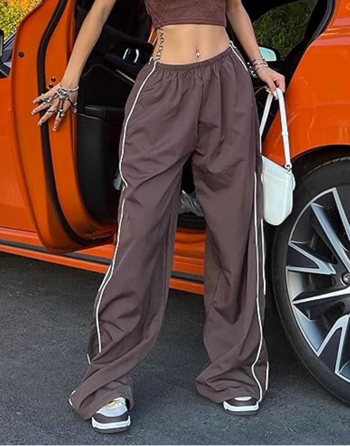 Collection of Womens Parachute Pants Wide Leg Baggy Pants Y2K Elastic Waist Jogger in a gallery layout