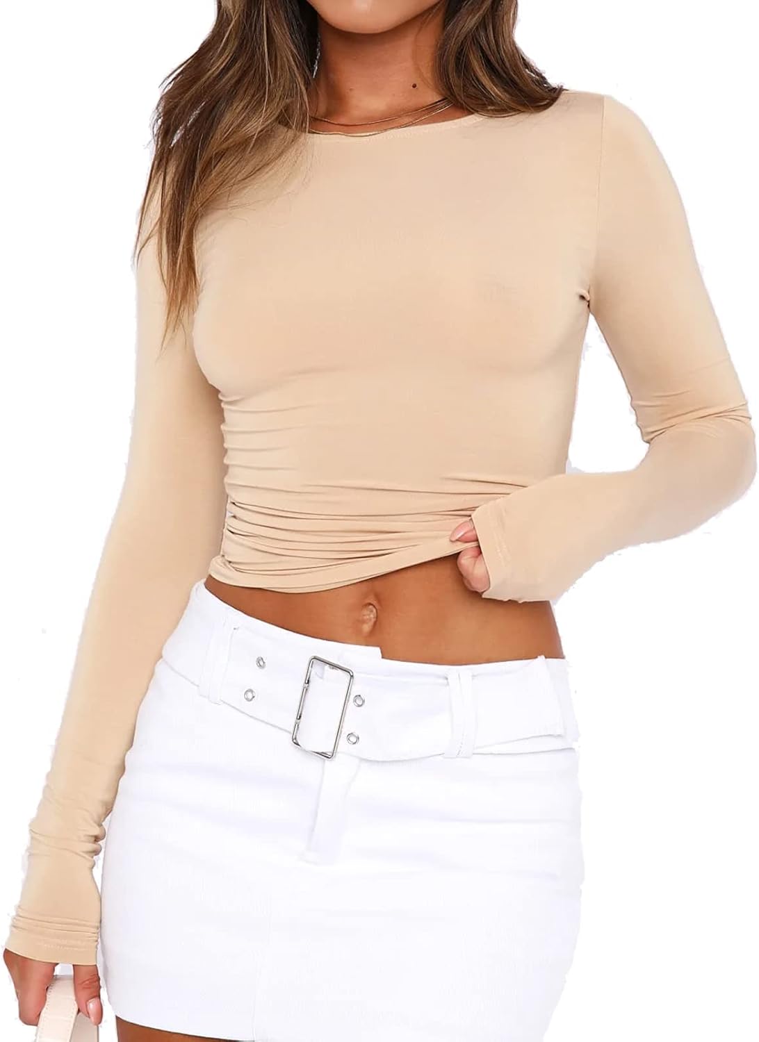 Women's Slim Fit Long Sleeve Crop Top - Casual Solid Color Crew Neck Tee for Going Out | Basic Streetwear