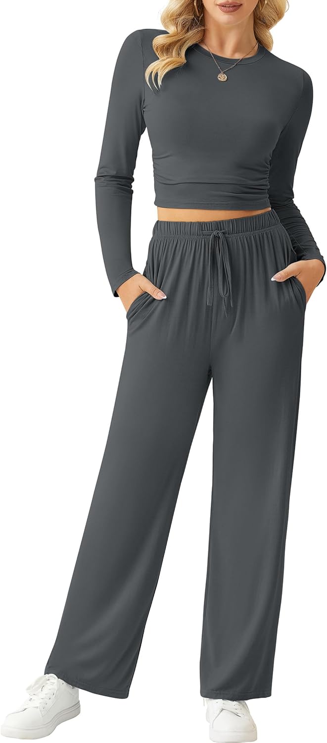 Collection of Women'S Lounge Sets 2 Piece Ruched Long Sleeve Tops and High Waisted Wide Leg Pants Tracksuit Sets in a gallery layout