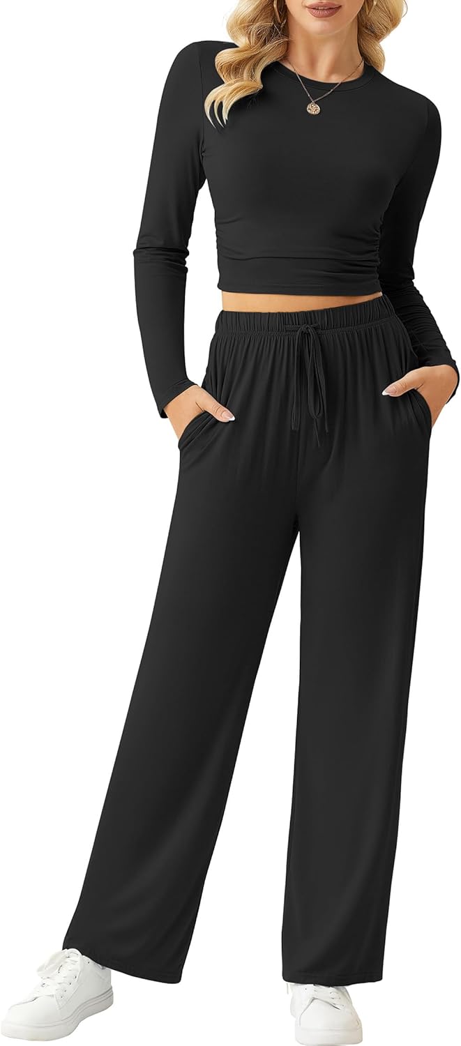 Women'S Lounge Sets 2 Piece Ruched Long Sleeve Tops and High Waisted Wide Leg Pants Tracksuit Sets