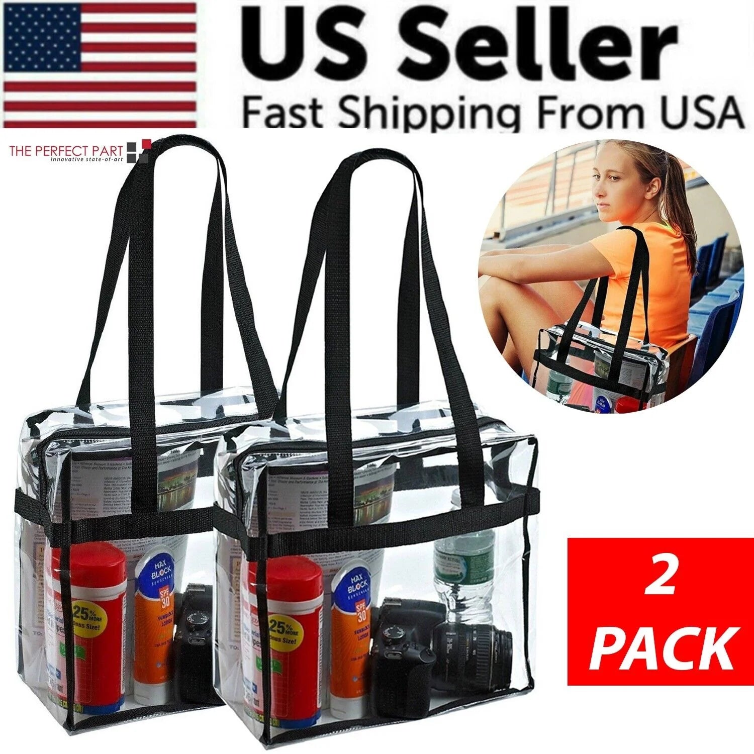 Collection of 2X Clear PVC Tote Bag Women Large Transparent Handbag Zip Purse Stadium Security in a gallery layout