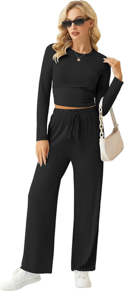 Collection of Women'S Lounge Sets 2 Piece Ruched Long Sleeve Tops and High Waisted Wide Leg Pants Tracksuit Sets in a gallery layout