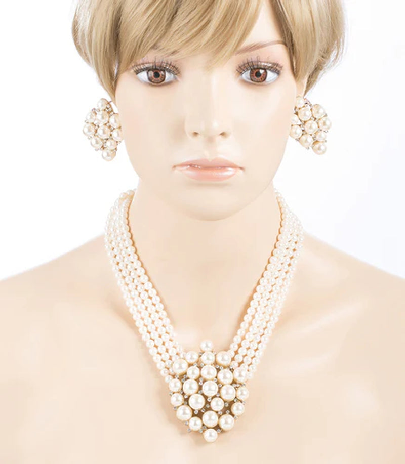 Collection of Gold Bridal Pearl & Crystal Necklace Set – V-Drop Glam in a gallery layout