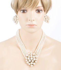 Collection of Gold Bridal Pearl & Crystal Necklace Set – V-Drop Glam in a gallery layout