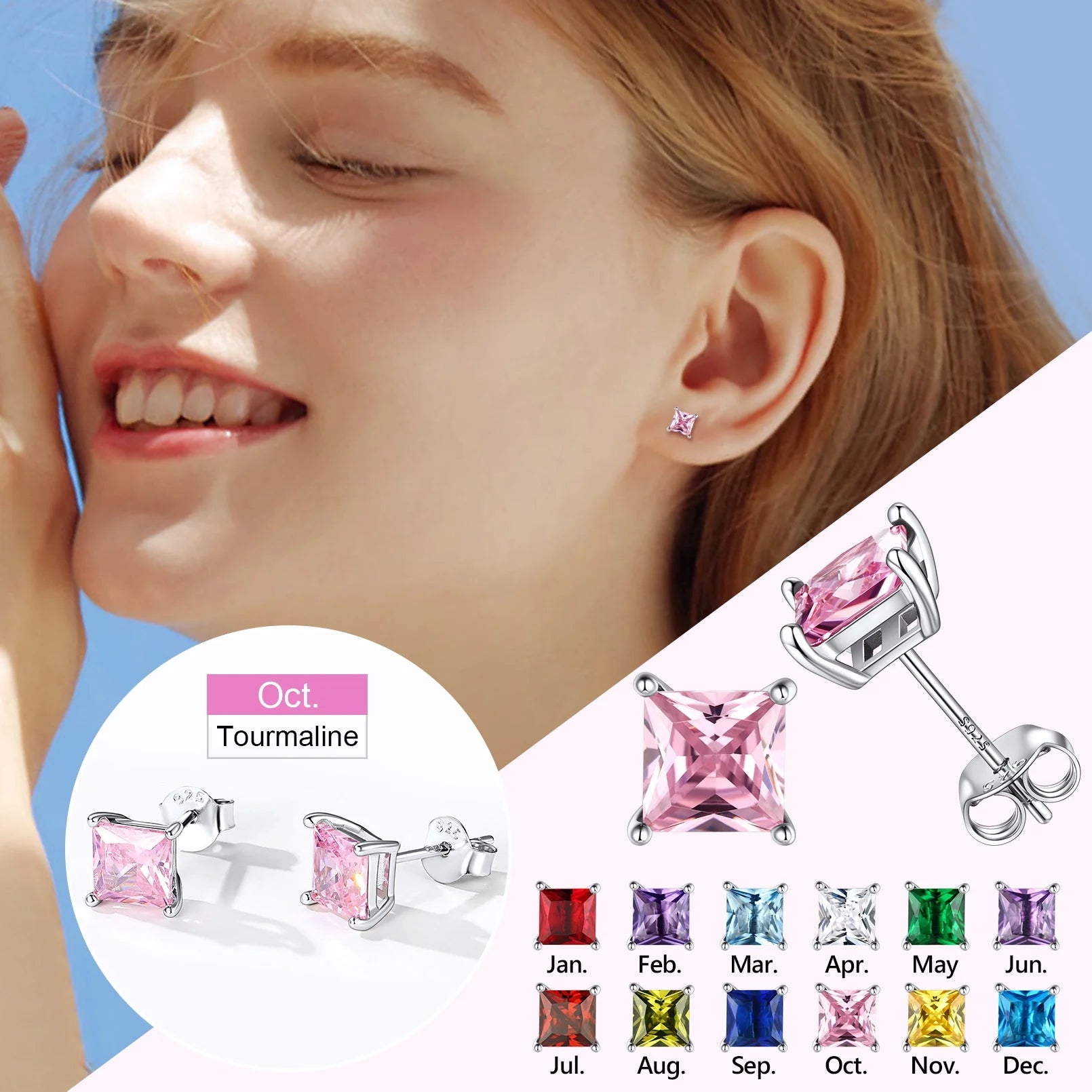 Collection of 925 Sterling Silver Pink Tourmaline Stud Earrings - October Birthstone Bling for Women in a gallery layout