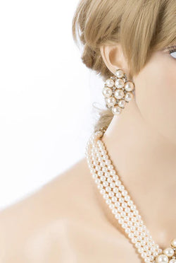 Collection of Gold Bridal Pearl & Crystal Necklace Set – V-Drop Glam in a gallery layout