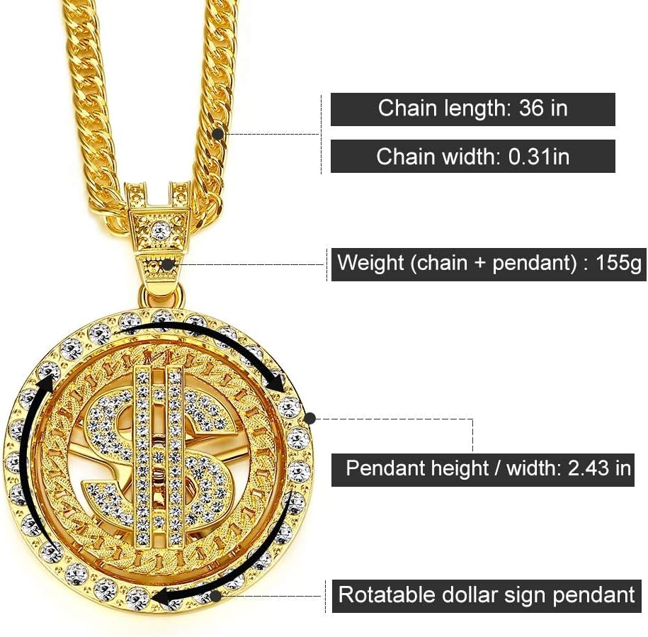 Costume Gold Chain for Men Spinner Dollar Sign Necklaces 36 Inches