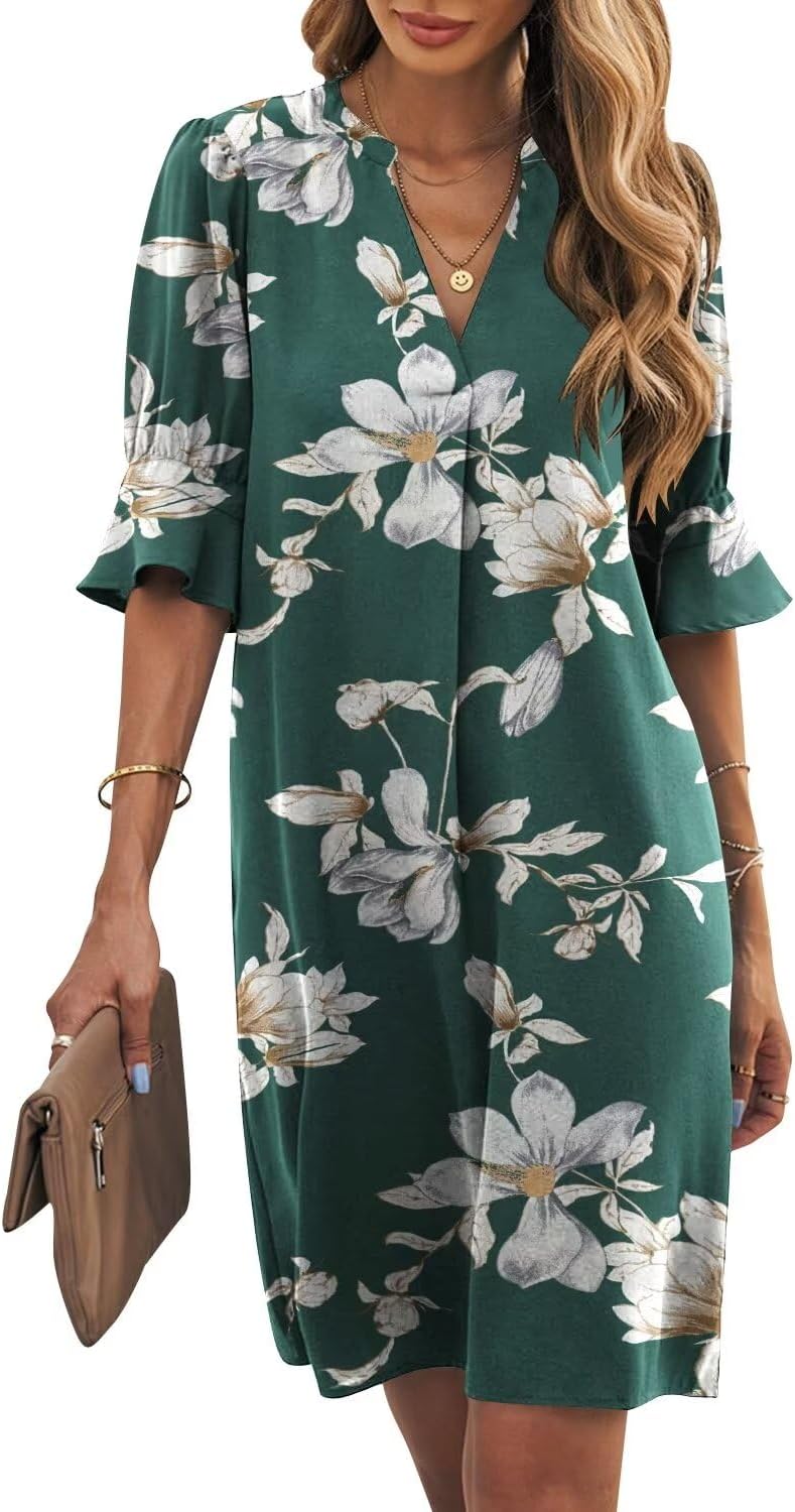 V-Neck Short Sleeve Women's Shift Dress – Casual Flowy Summer Style in Solid Colors