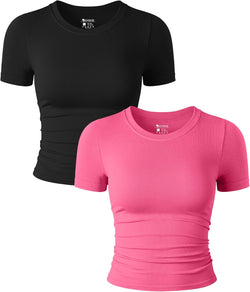 Collection of Women's 2-Piece Short Sleeve Crop Tops - Stretchy Fitted Crew Neck Ruched Tees in a gallery layout