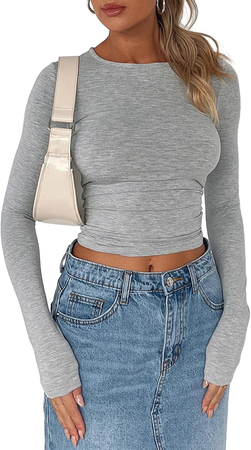 Women's Slim Fit Long Sleeve Crop Top - Casual Solid Color Crew Neck Tee for Going Out | Basic Streetwear