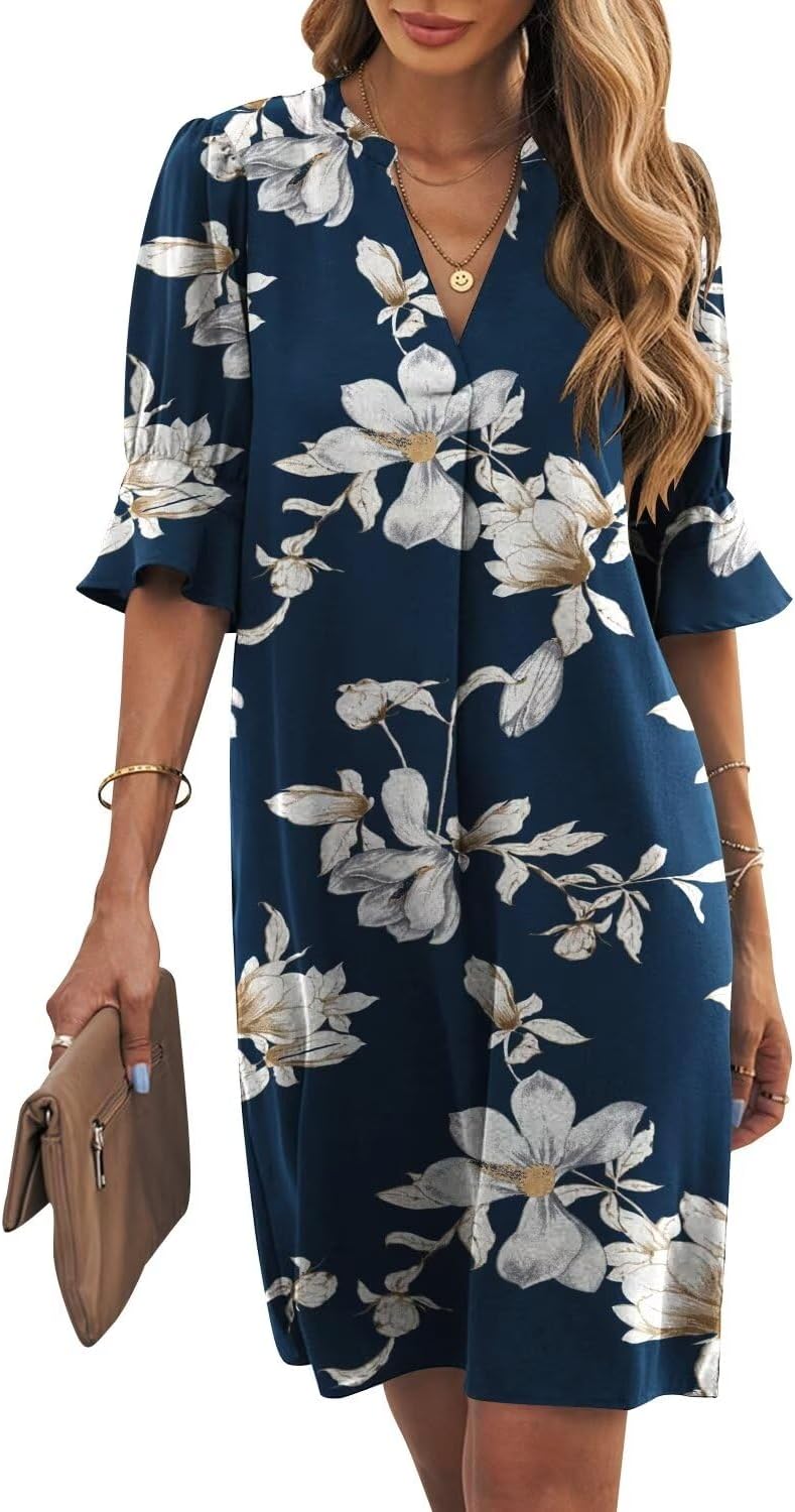 V-Neck Short Sleeve Women's Shift Dress – Casual Flowy Summer Style in Solid Colors