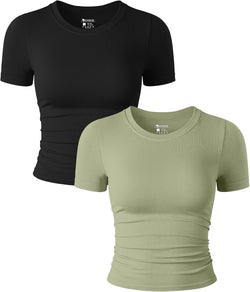 Collection of Women's 2-Piece Short Sleeve Crop Tops - Stretchy Fitted Crew Neck Ruched Tees in a gallery layout