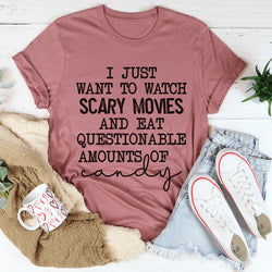 Collection of I Just Want to Watch Scary Movies and Eat Candy Tee in a gallery layout