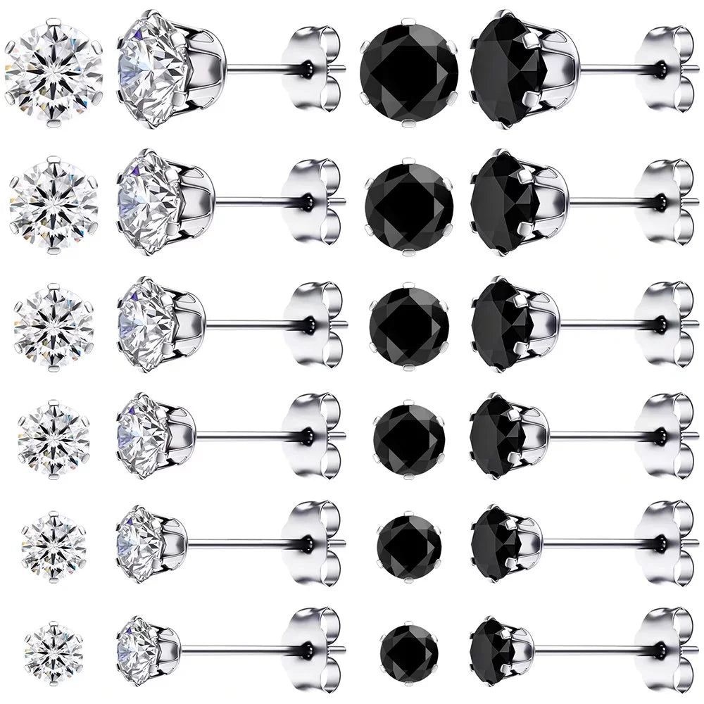 Collection of 12-Pair Surgical Steel Cubic Zirconia Stud Earrings Set - Hypoallergenic Black & White Studs (3mm-8mm) in a gallery layout