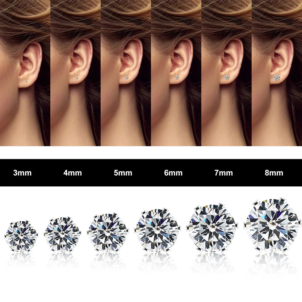 12-Pair Surgical Steel Cubic Zirconia Stud Earrings Set - Hypoallergenic Black & White Studs (3mm-8mm)