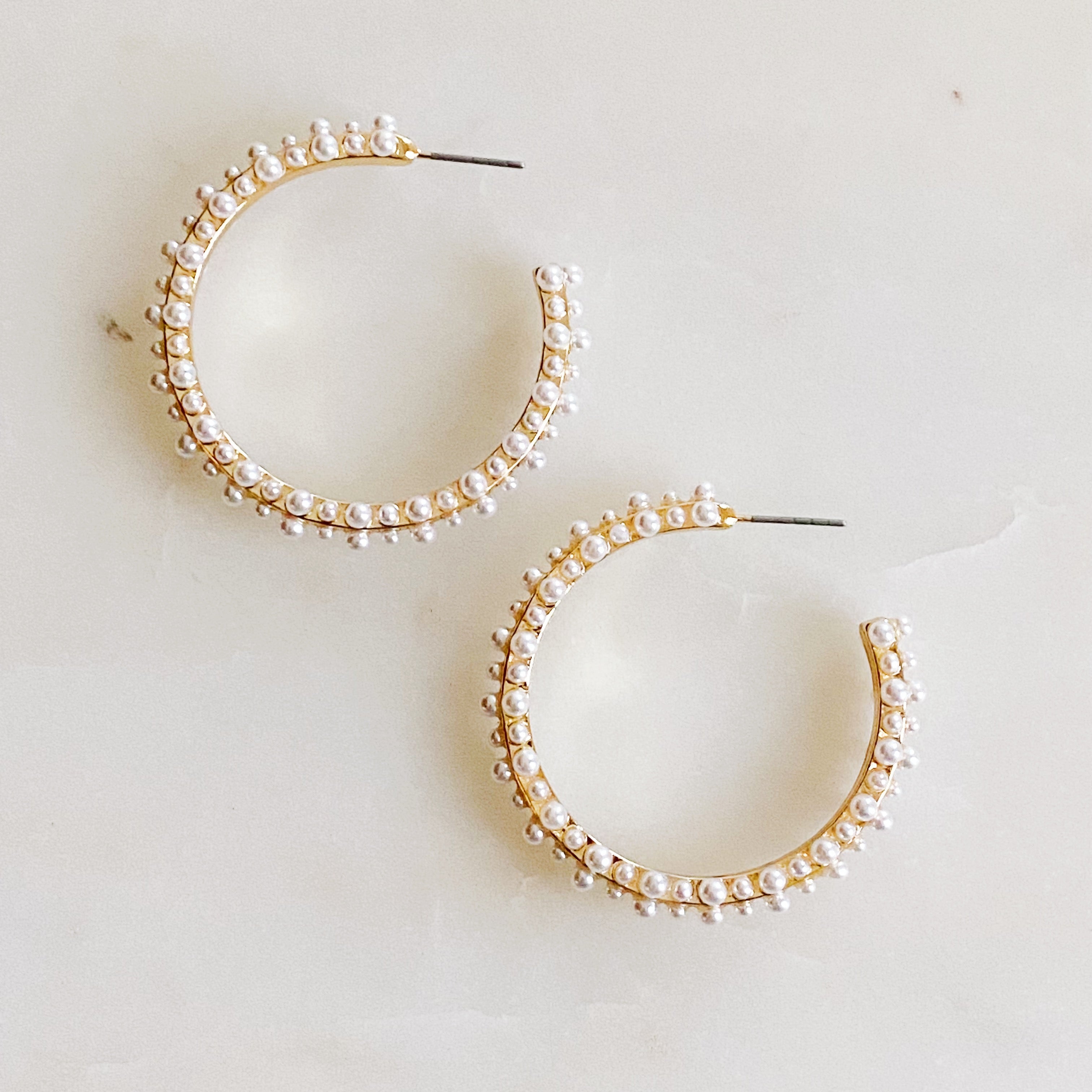 Collection of Delicate Pearl Deco Hoop Earrings in a gallery layout