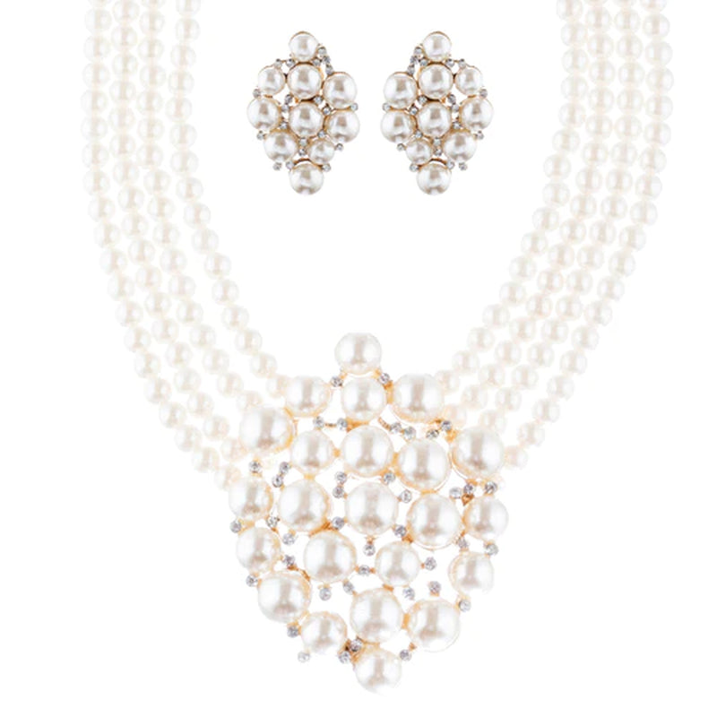 Collection of Gold Bridal Pearl & Crystal Necklace Set – V-Drop Glam in a gallery layout