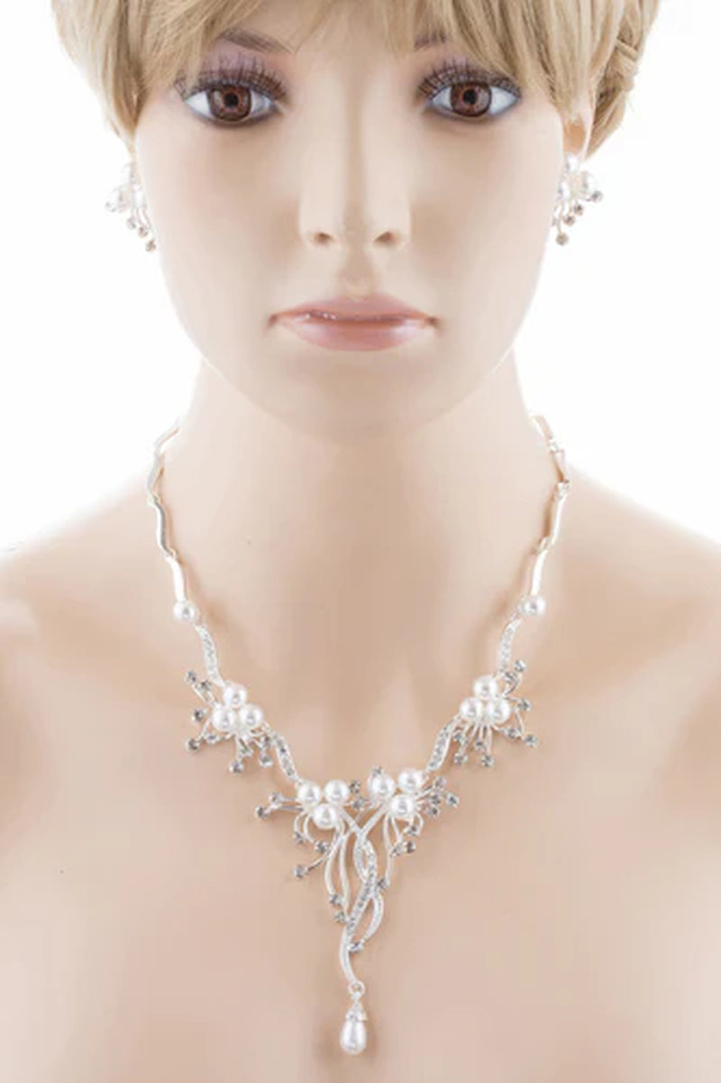 Collection of Enchanting Silver-Plated Floral Pearl Necklace & Earring Set – Perfect for Weddings in a gallery layout