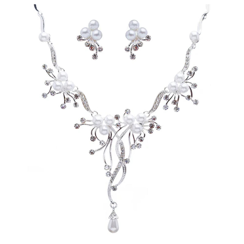 Collection of Enchanting Silver-Plated Floral Pearl Necklace & Earring Set – Perfect for Weddings in a gallery layout