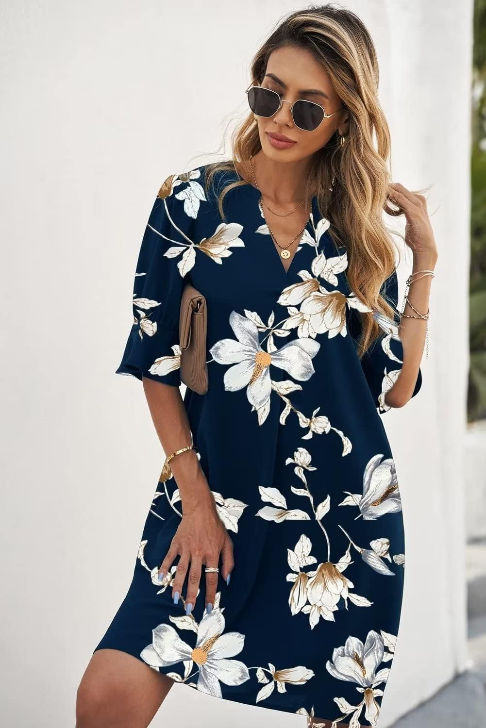 V-Neck Short Sleeve Women's Shift Dress – Casual Flowy Summer Style in Solid Colors