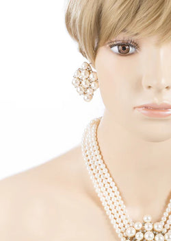 Collection of Gold Bridal Pearl & Crystal Necklace Set – V-Drop Glam in a gallery layout